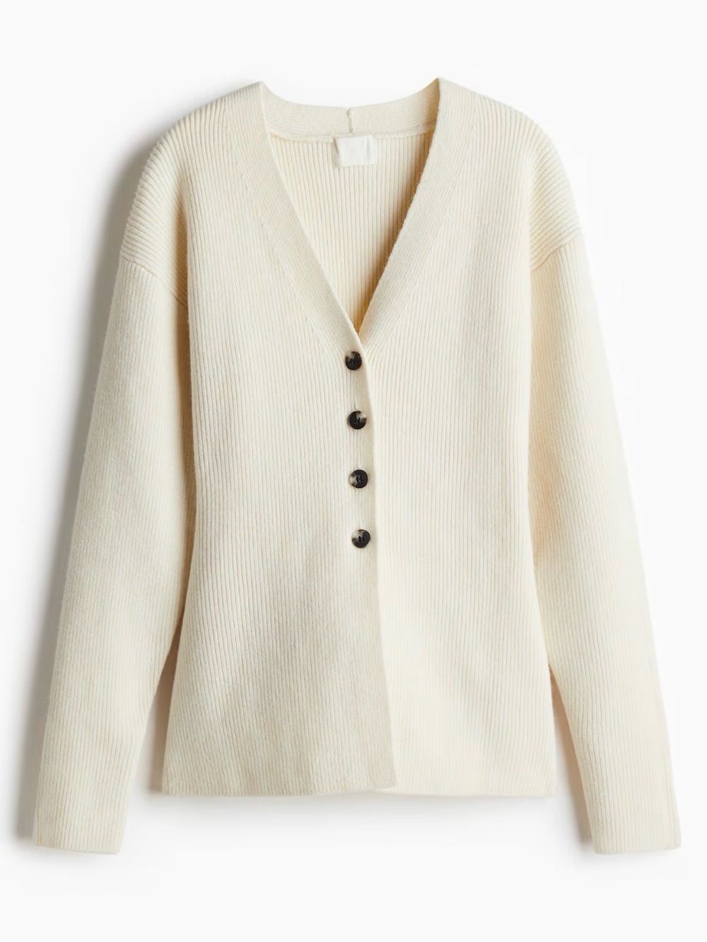 H&M Cream Button-Up Ribbed Tapered Waist Wool Blend V-Neck Cardigan